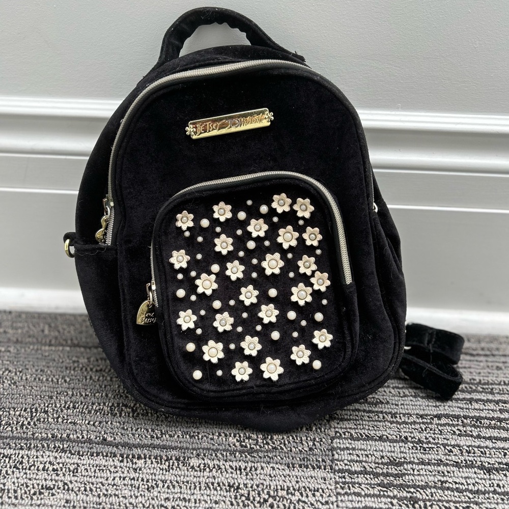 Betsey Johnson Black Velvet Floral Mini Backpack with Gold Hardwear